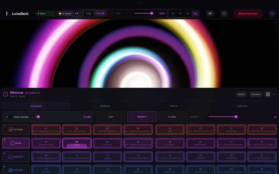 LumaDeck for Android on a tablet: a reactive scene above the pad grid