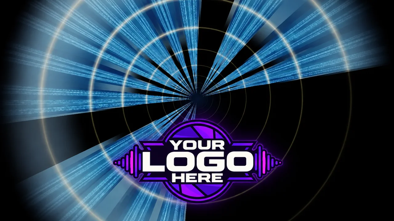 Ejemplo editorial de una capa YOUR LOGO HERE sobre un visual generativo azul de LumaDeck