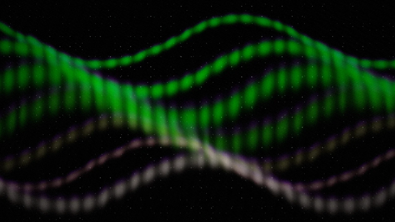 Green and violet curtains from the generative Aurora scene over a starry background