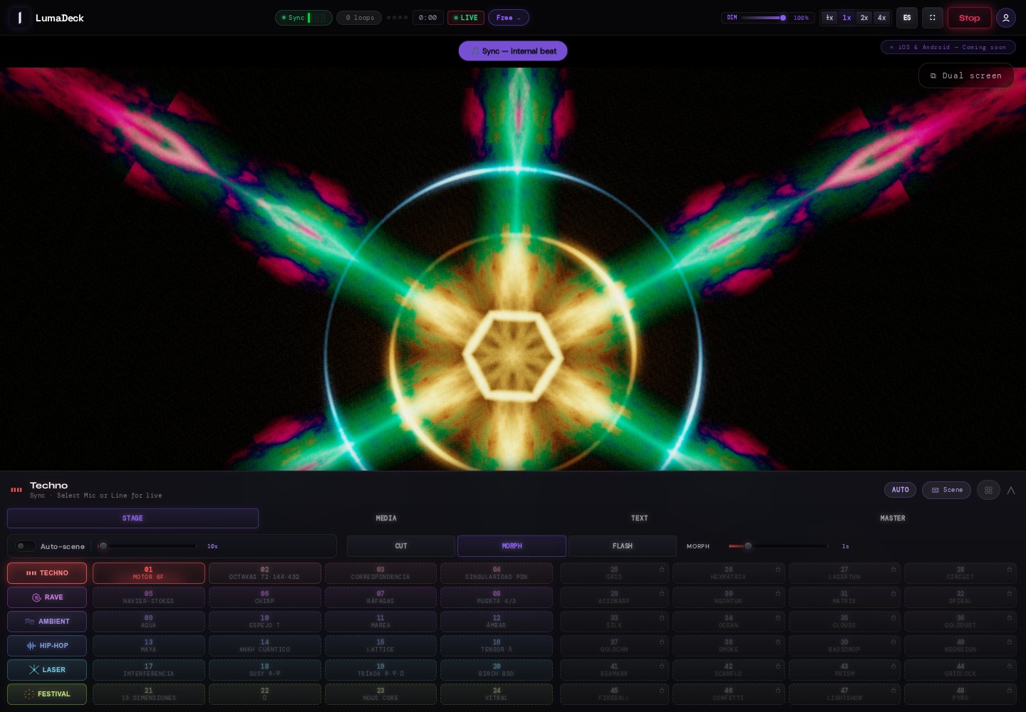 LumaDeck Stage panel with pads, a ten-second scene duration and one-second morph