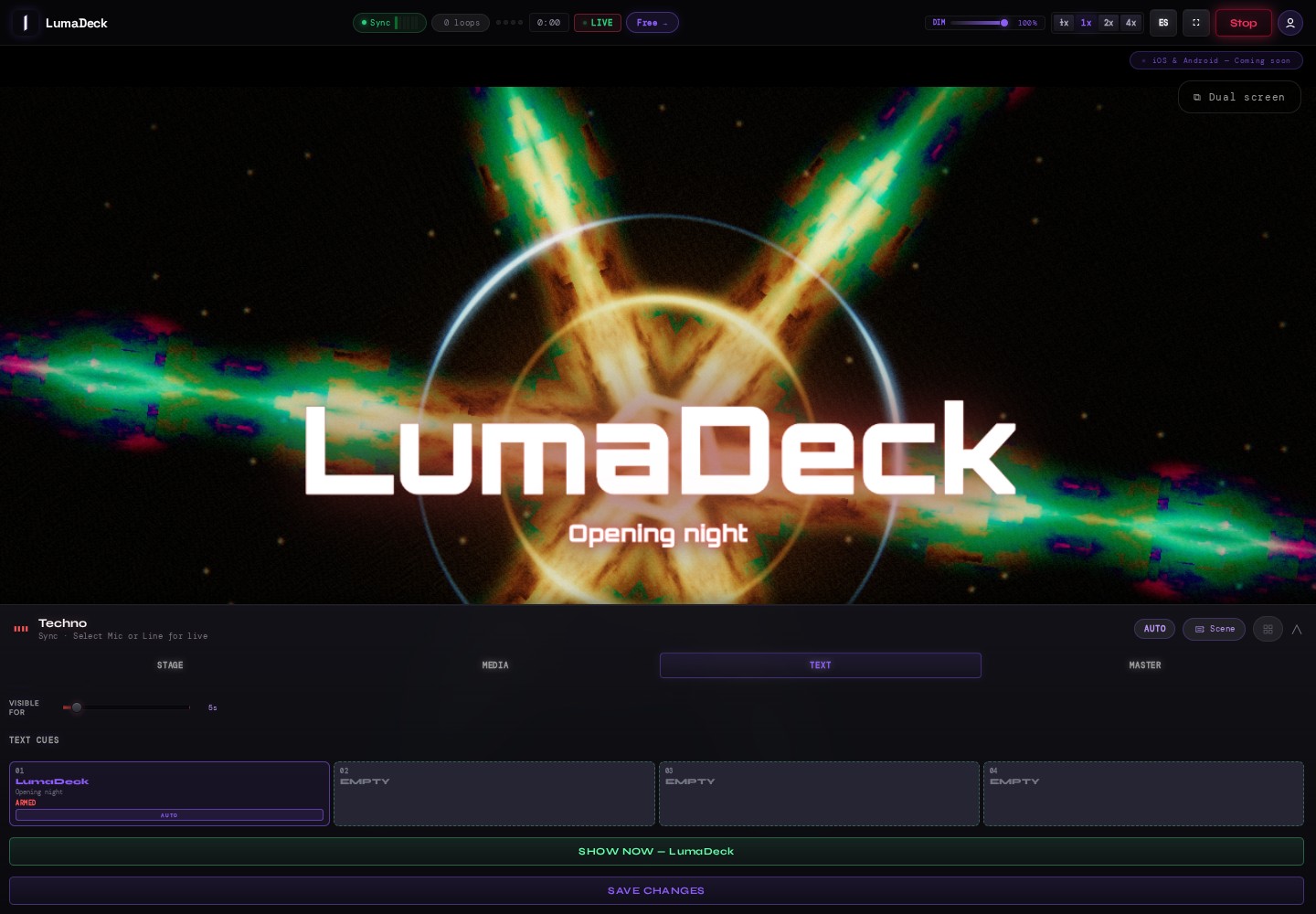 LumaDeck text editor with LumaDeck as performer and Opening night as event