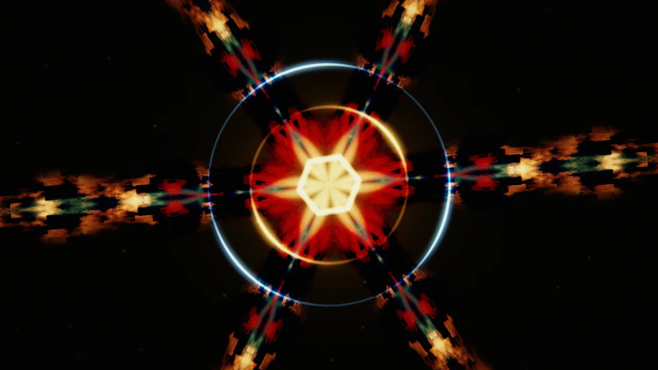 Motor 6F, six-fold red and gold kaleidoscopic scene