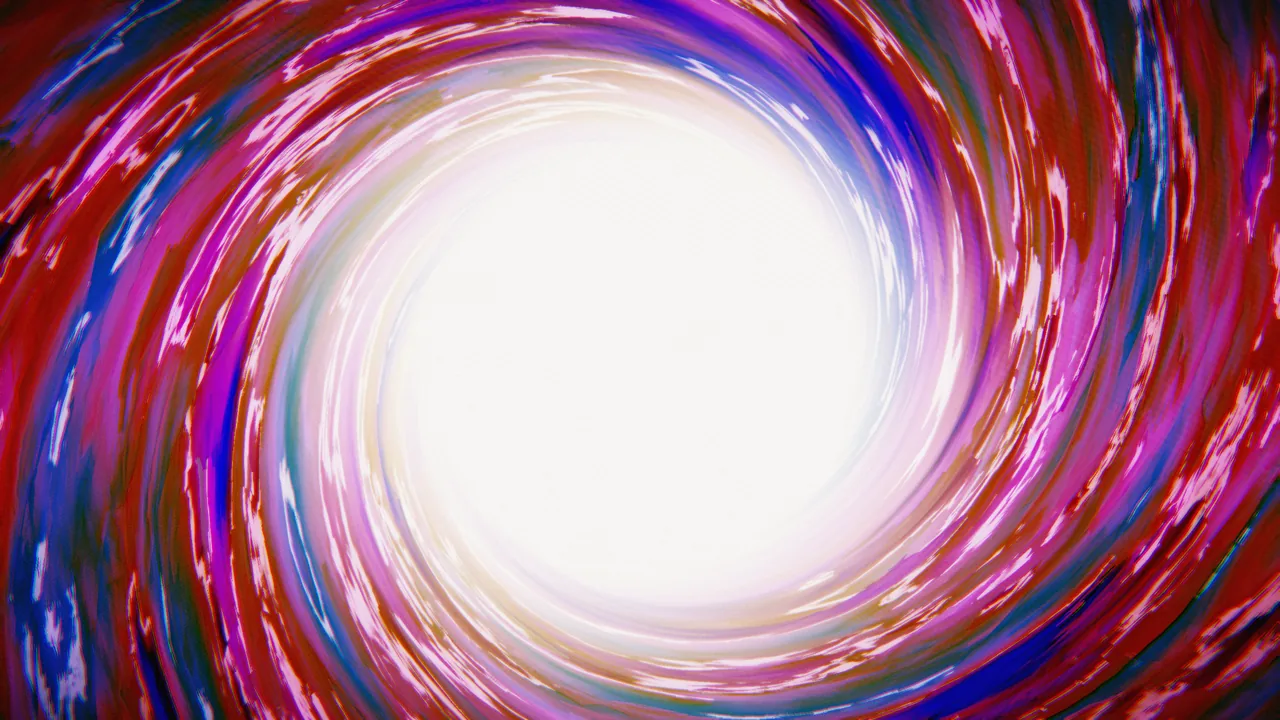 Navier-Stokes — a fluid vortex of magenta and blue collapsing into light