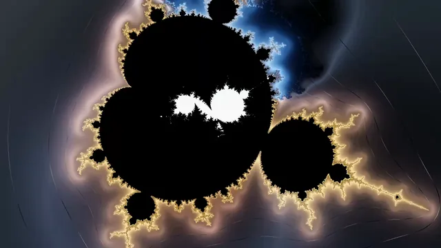 Punto triple — a golden fractal shoreline over deep blue