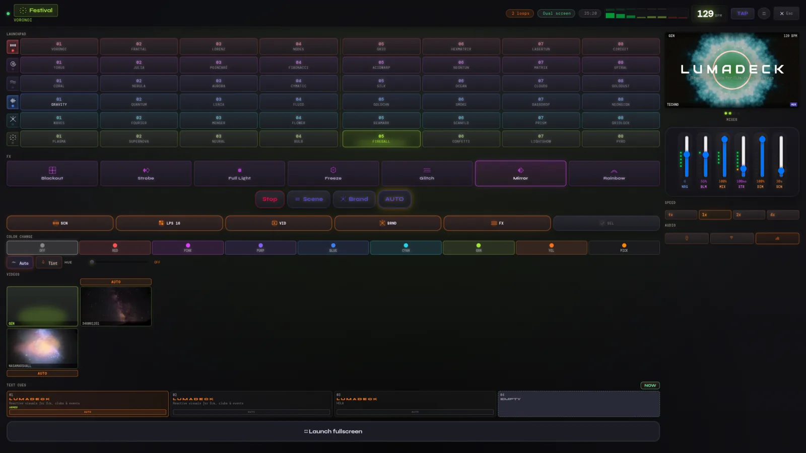 LumaDeck master view — 48 pads + mixer extended